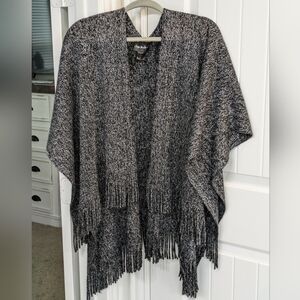 Black Fringe Shawl Sweater Poncho with shimmery silver thread